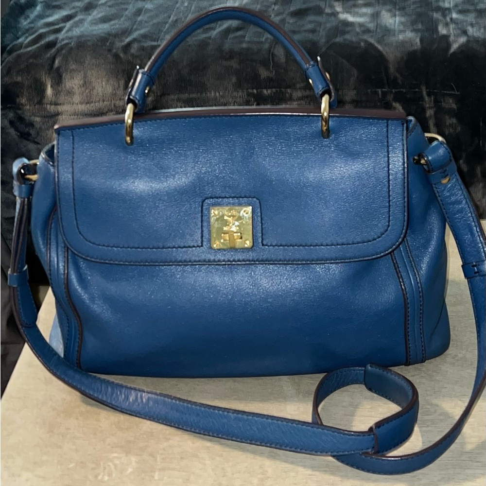 MCM Handbag Blue Satchel Leather Crossbody Shoulder Bag  Tote Travel Purse